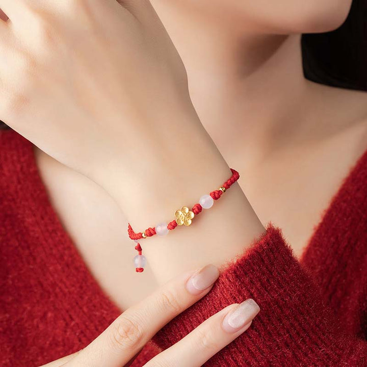Pulsera de cuerda roja de la suerte con cuentas de calcedonia, cereza, flor de melocotón, Plata de Ley 925 hecha a mano con Buddha Stones