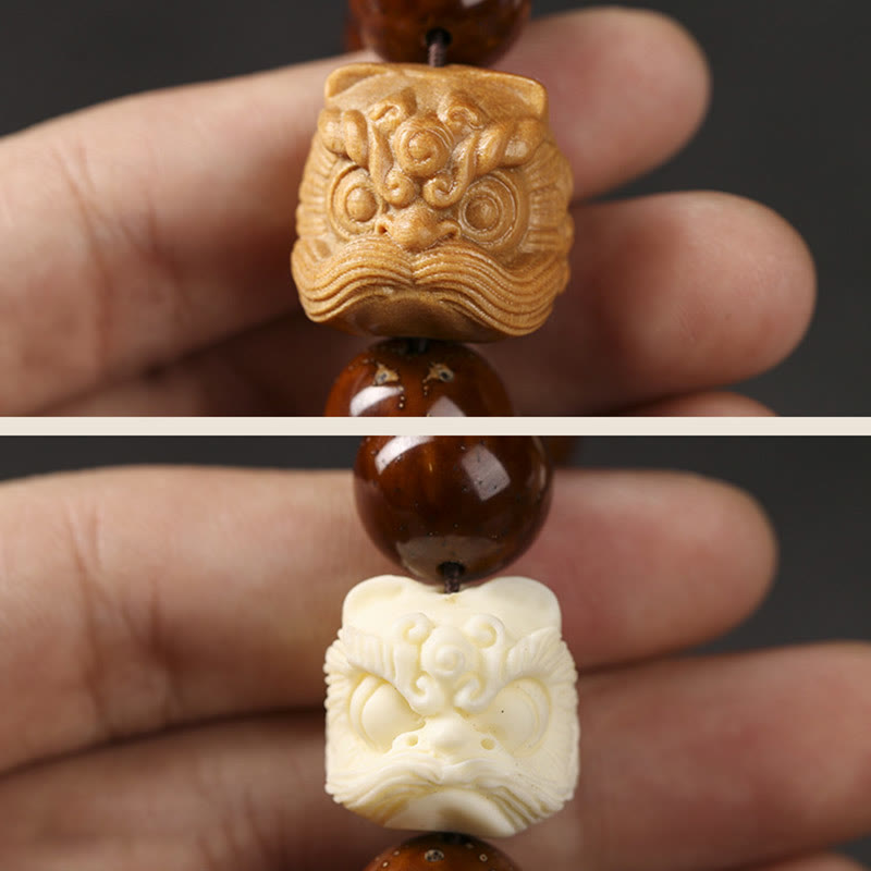 Pulsera de sabiduría de león danzante con semillas de Bodhi moradas con Buddha Stones
