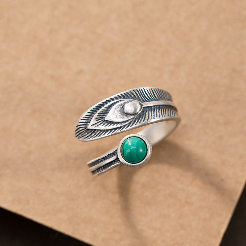 Anillo de protección de plumas de cuentas de malaquita de plata de ley 925