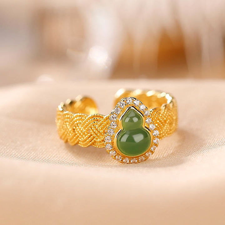 Juego de anillos de pulsera de la suerte con forma de calabaza de jade cian hetiano natural chapado en plata de ley 925 con Buddha Stones