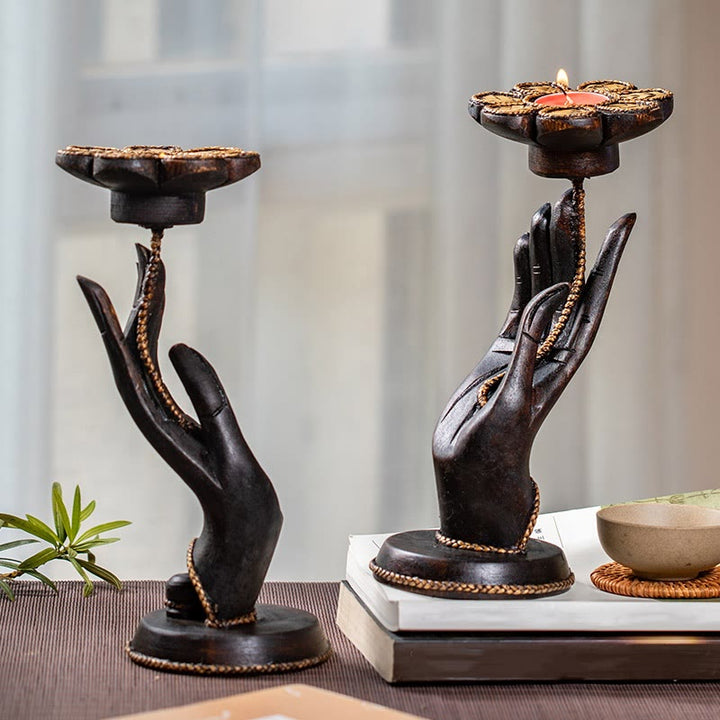 Candelabro de madera con diseño de mano de Buddha Stones , decoración para el hogar