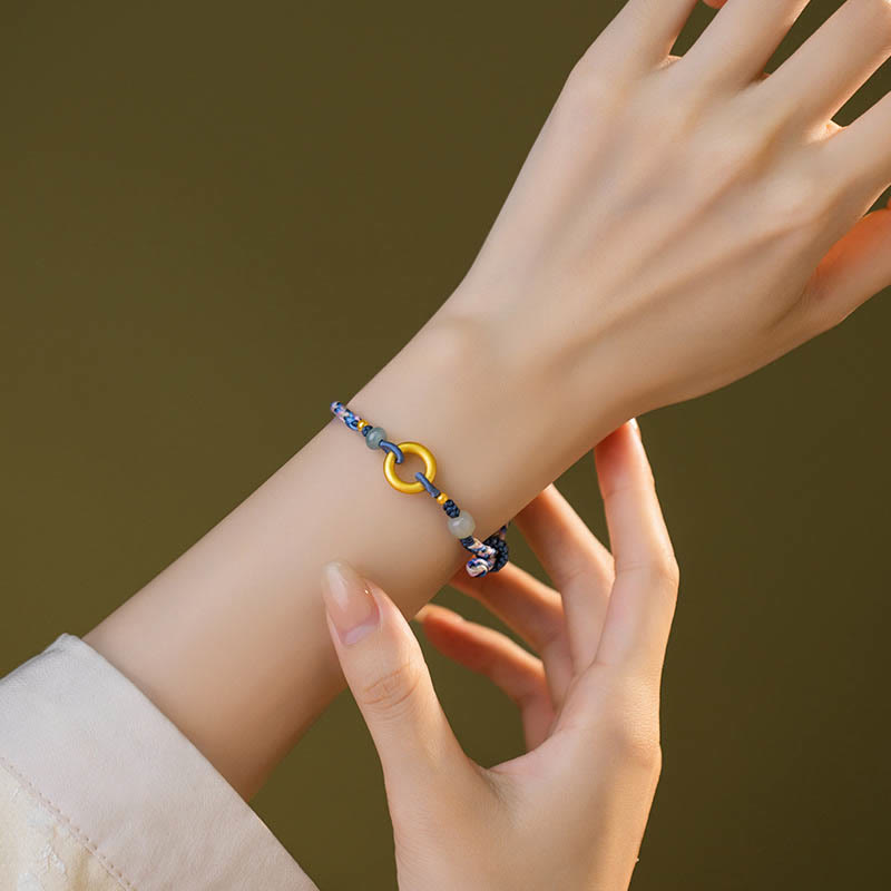 Pulsera de salud de la suerte con cuerda tejida a mano de jade hetiano de plata de ley 999 con Buddha Stones