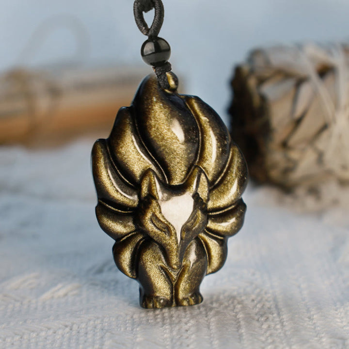 Collar de protección con colgante de zorro de obsidiana con brillo dorado de fluorita natural con Buddha Stones - Zorro de nueve colas de obsidiana con brillo dorado - image 6