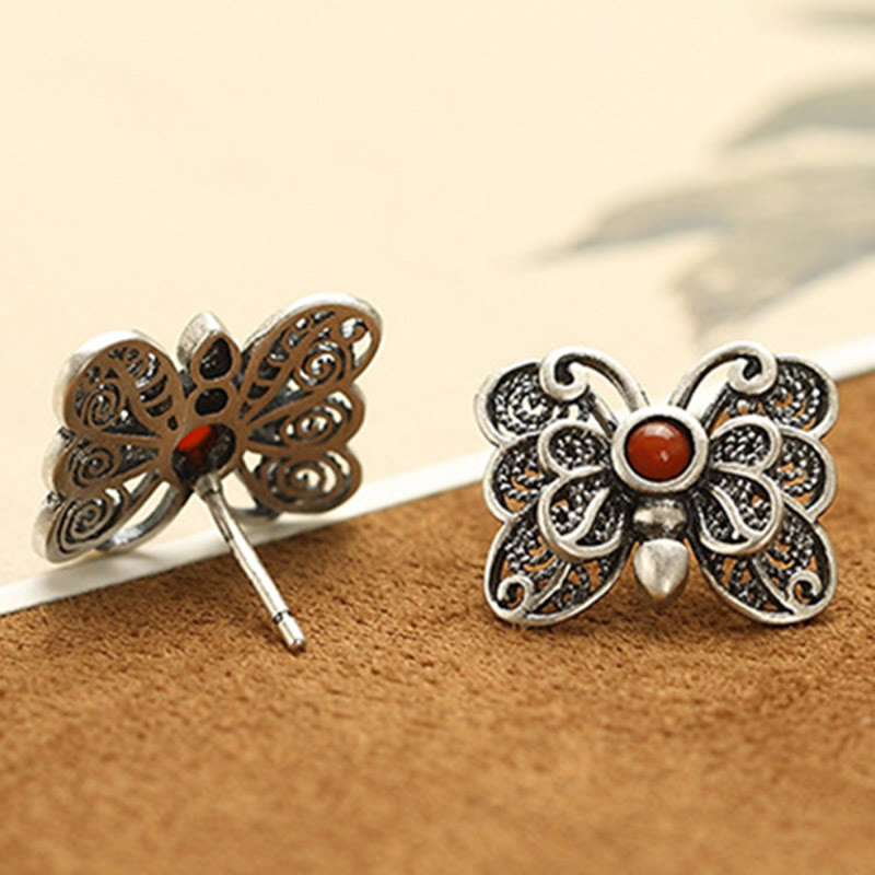 Juego de pendientes de anillo de autoaceptación de mariposa de ágata roja de plata de ley 925 con Buddha Stones