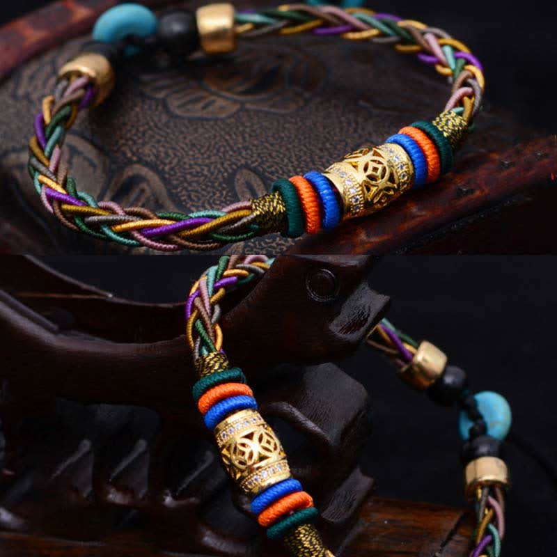 Pulsera de cuerda tejida con moneda de cobre hecha a mano con nudo de ocho hilos, Buddha Stones tibetanas