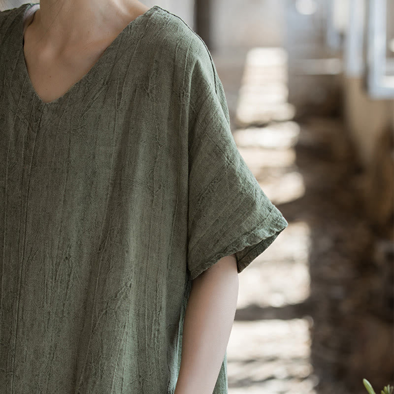 Vestido midi con cuello en V y teñido anudado hecho a mano con Buddha Stones Vestido de manga corta de lino
