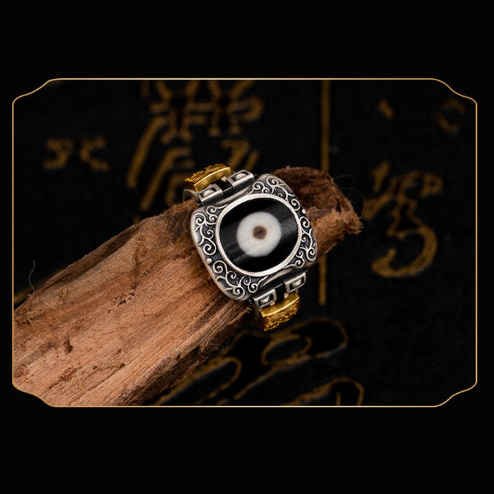 Anillo de protección de cuentas Dzi con diseño de diosa de la riqueza Zakiram de plata de ley 925 con Buddha Stones