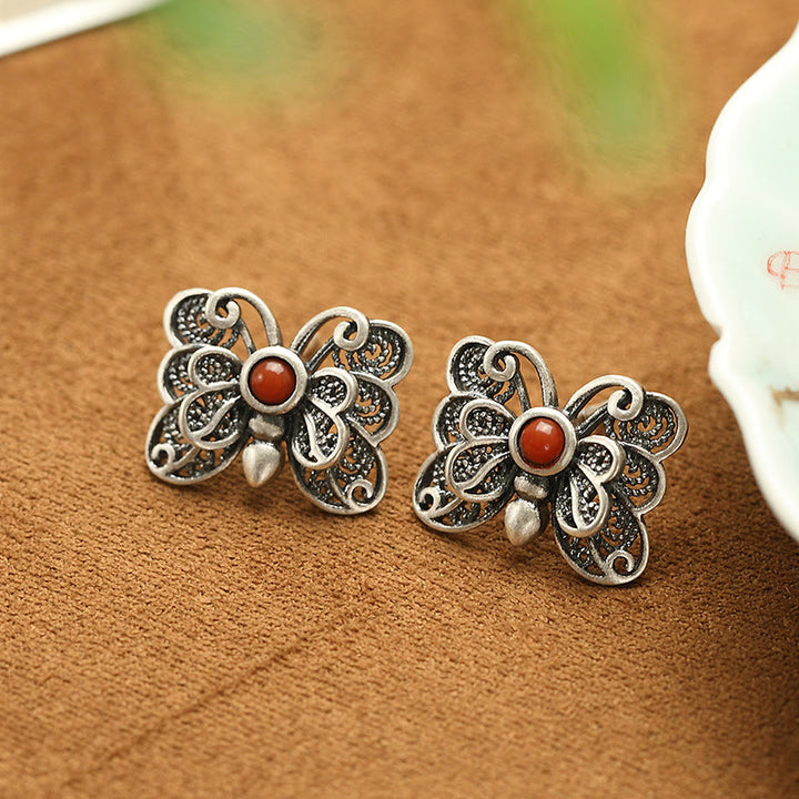 Juego de pendientes de anillo de autoaceptación de mariposa de ágata roja de plata de ley 925 con Buddha Stones