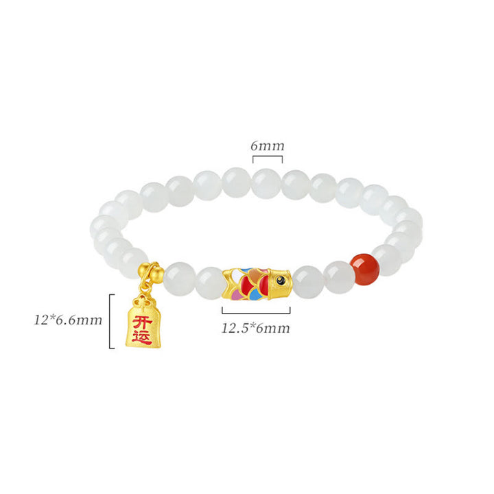 Pulsera de plata de ley 925 con Buddha Stones , jade blanco hetiano, ágata roja, pez Koi, suerte y felicidad