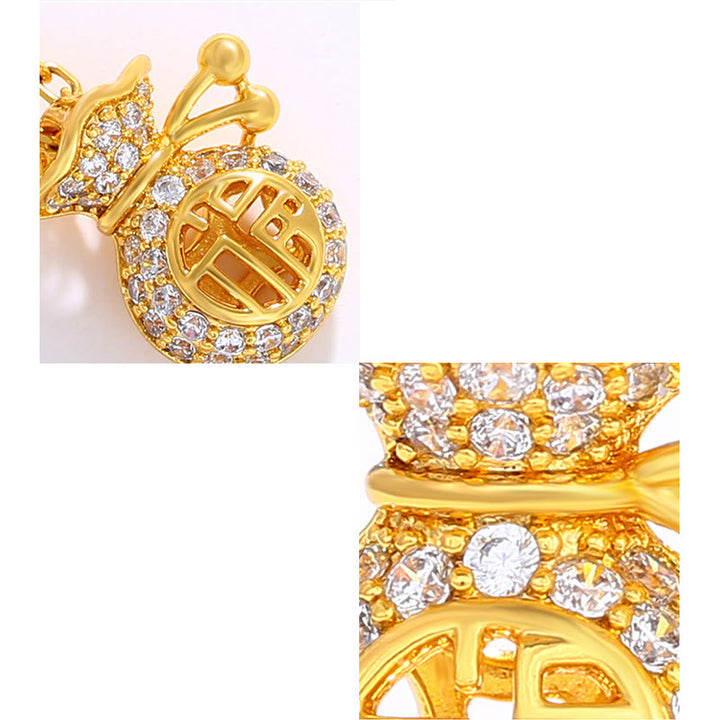 Collar con colgante de bolsa de dinero de la fortuna con personaje Fu chapado en oro de 24 quilates