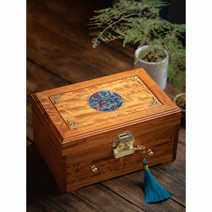 Caja de almacenamiento de joyería de palisandro hecha a mano antigua, caja organizadora de regalo de madera con flores de doble capa grande con cerradura