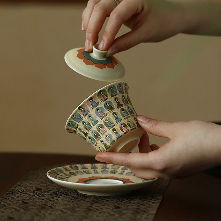 Buddha Stones Dunhuang Color mil Budas volando Apsaras patrón Gaiwan taza de té Kung Fu con tapa