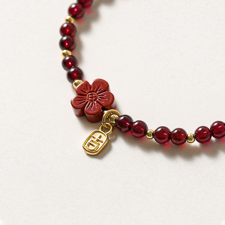 Pulsera tranquila con flor de cinabrio y granate natural de oro de 14 quilates con Buddha Stones - image 7