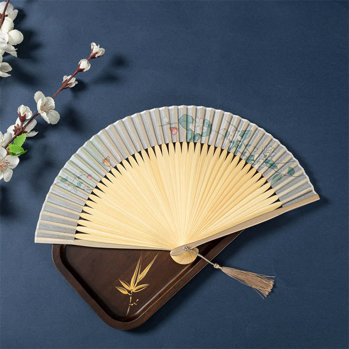 Abanico plegable de bambú de seda de mano con Buddha Stones , loto, flor de Begonia, jazmín, 21cm