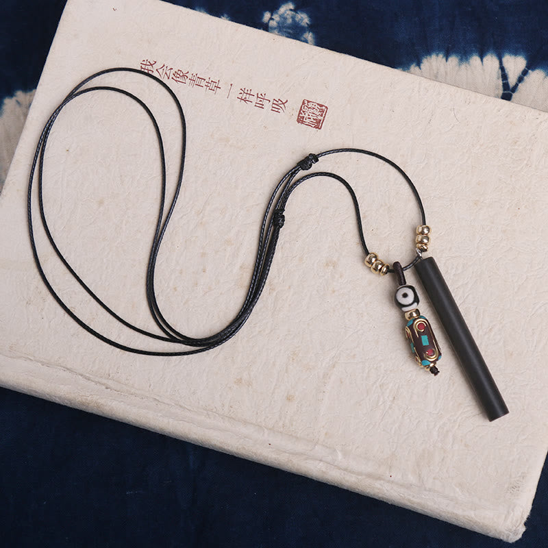 Colgante de collar de paz y calma con cuentas Dzi de madera de ébano tibetano