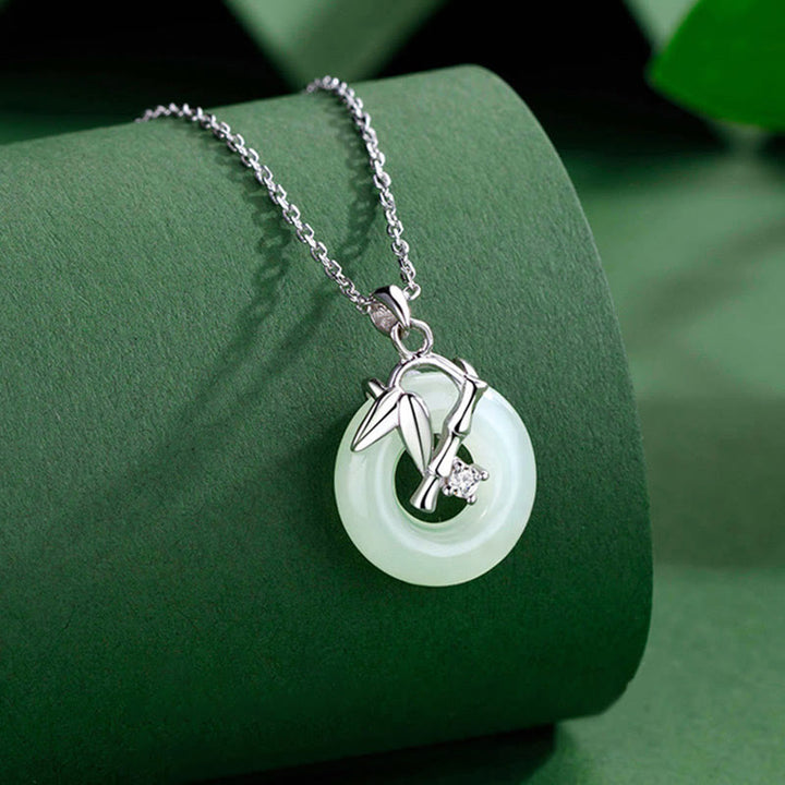 Collar con colgante de plata de ley 925 con Buddha Stones , jade hetiano, hoja de bambú, hebilla de la paz y prosperidad