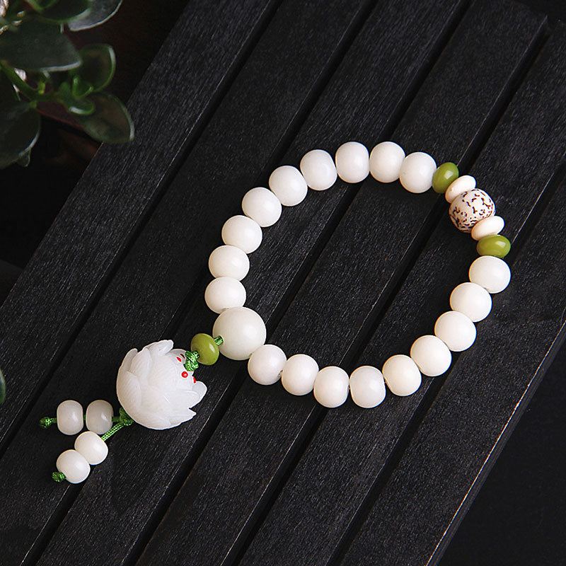 Pulsera de la suerte con semillas de Bodhi, color blanco natural, con Buddha Stones