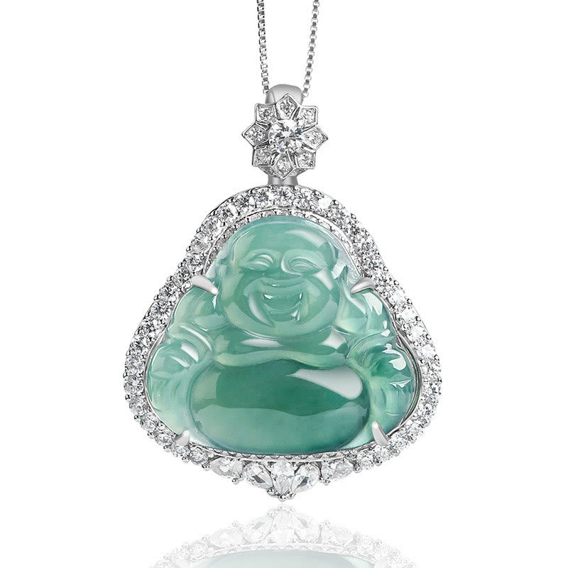 Colgante de cadena de plata de ley 925 con Buddha Stones , Buda sonriente, jade natural, suerte, abundancia - Buda sonriente (Felicidad ♥Riqueza) - image 1