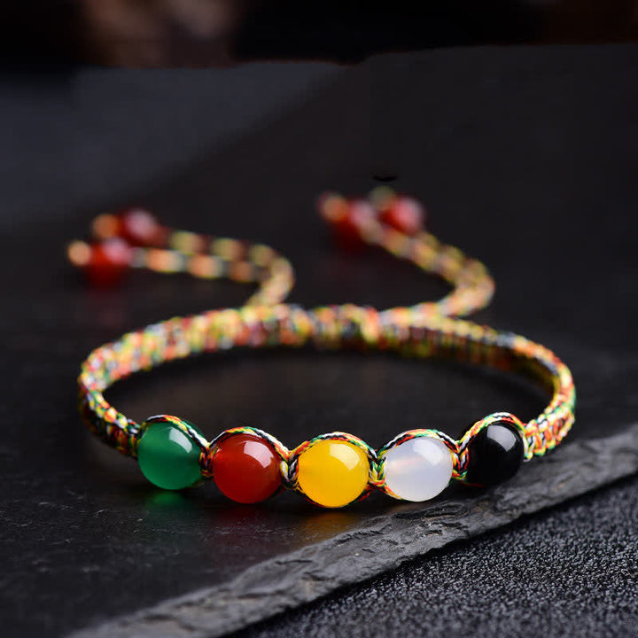 Pulsera de hilo de cinco elementos de ágata colorida, metal, madera, agua, fuego, tierra