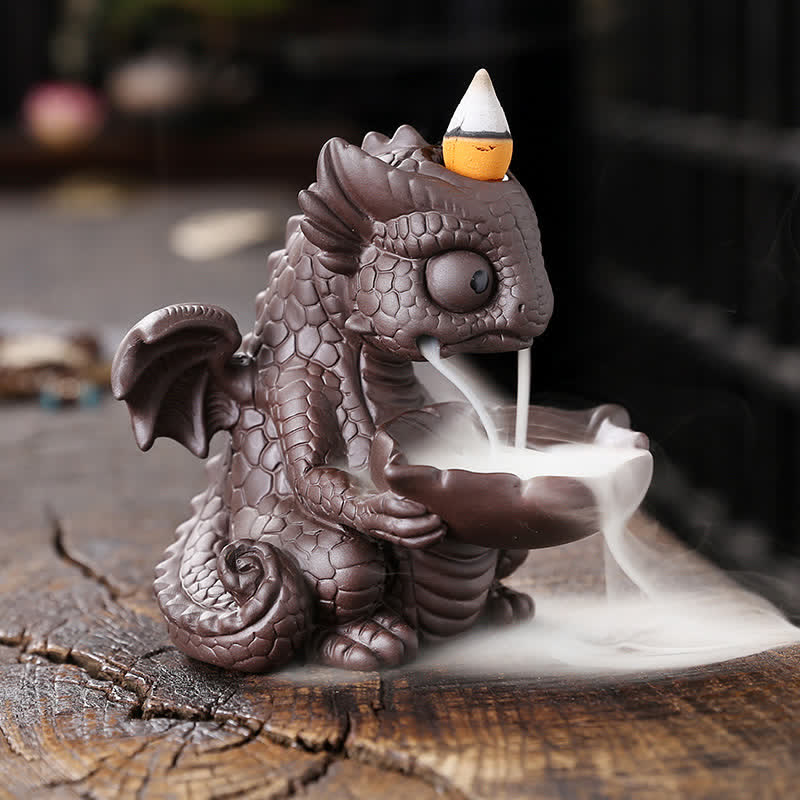 Precioso dinosaurio de arcilla púrpura, fuente de humo de reflujo, decoración de quemador de incienso curativo