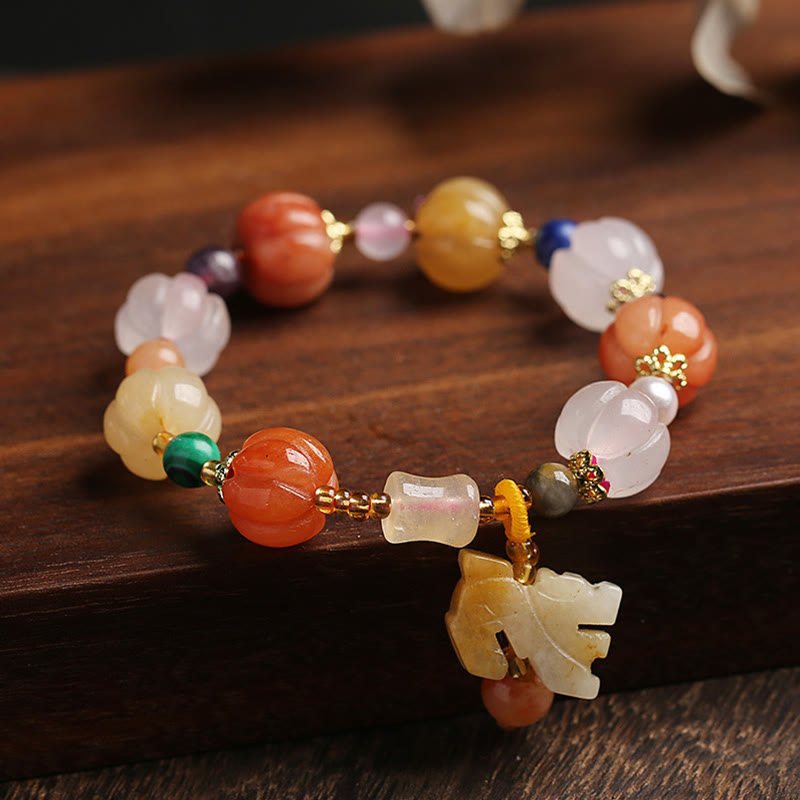 Pulsera de abalorios de riqueza con cuentas de calabaza Pixiu, cristales de Jade de seda dorada Natural