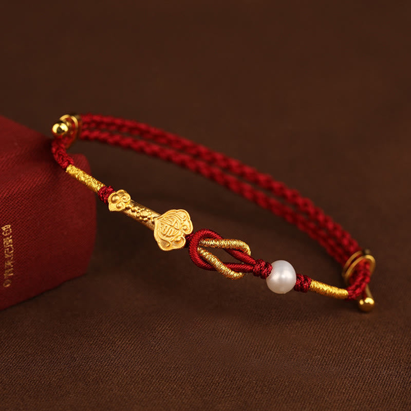 Pulsera trenzada de la suerte con perlas de conejo y mango de Ruyi del deseo de oro de 24 quilates con Buddha Stones