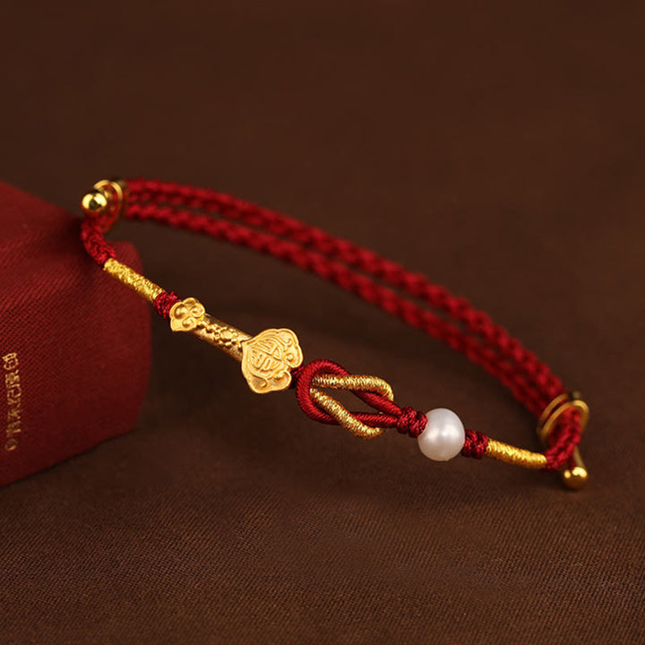 Pulsera trenzada de la suerte con perlas de conejo y mango de Ruyi del deseo de oro de 24 quilates con Buddha Stones