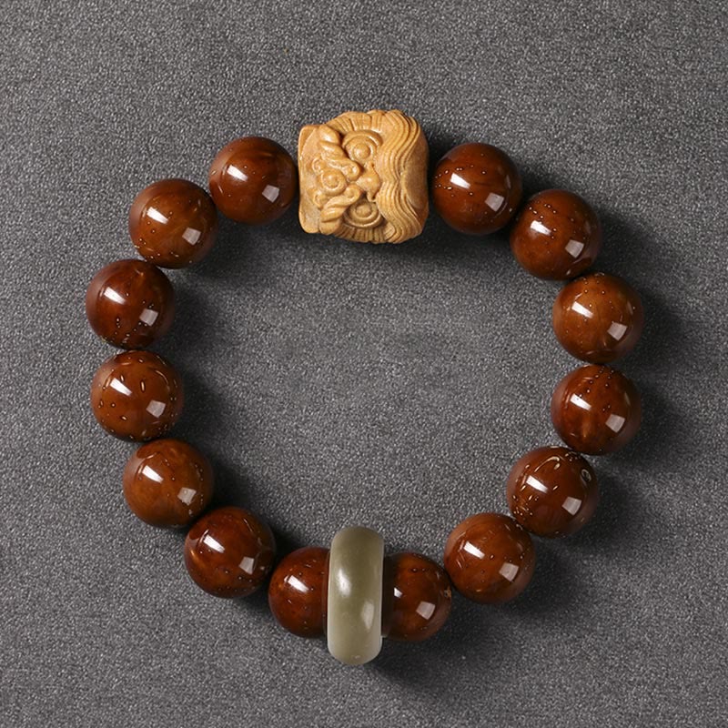 Pulsera de sabiduría de león danzante con semillas de Bodhi moradas con Buddha Stones