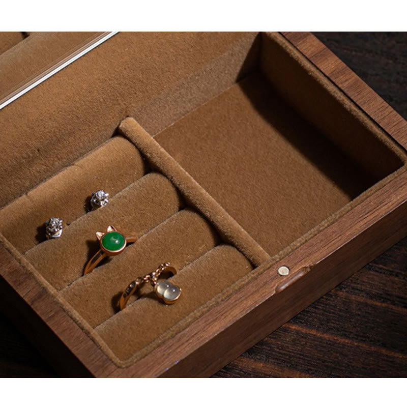Caja de almacenamiento de joyería vintage hecha a mano de madera de nogal negro con espejo