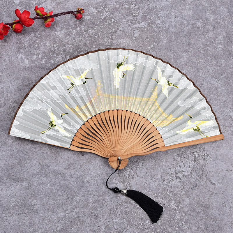 Abanico plegable de bambú de mano con diseño de grulla de nube vintage de Buddha Stones - Beige - image 7