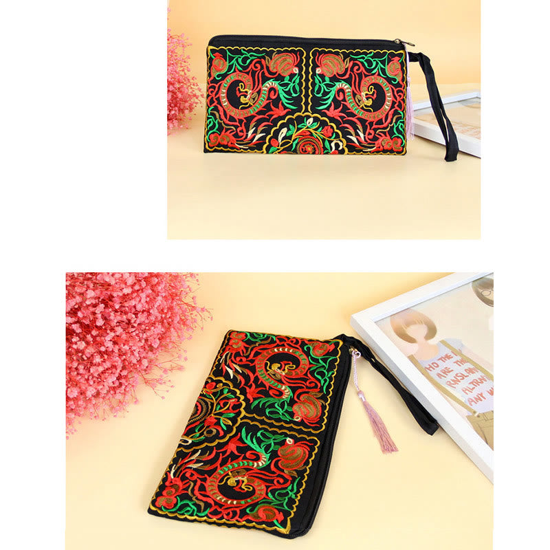 Cartera de compras con bordado de flores de Buddha Stones, dragón, mariposa, cosmos