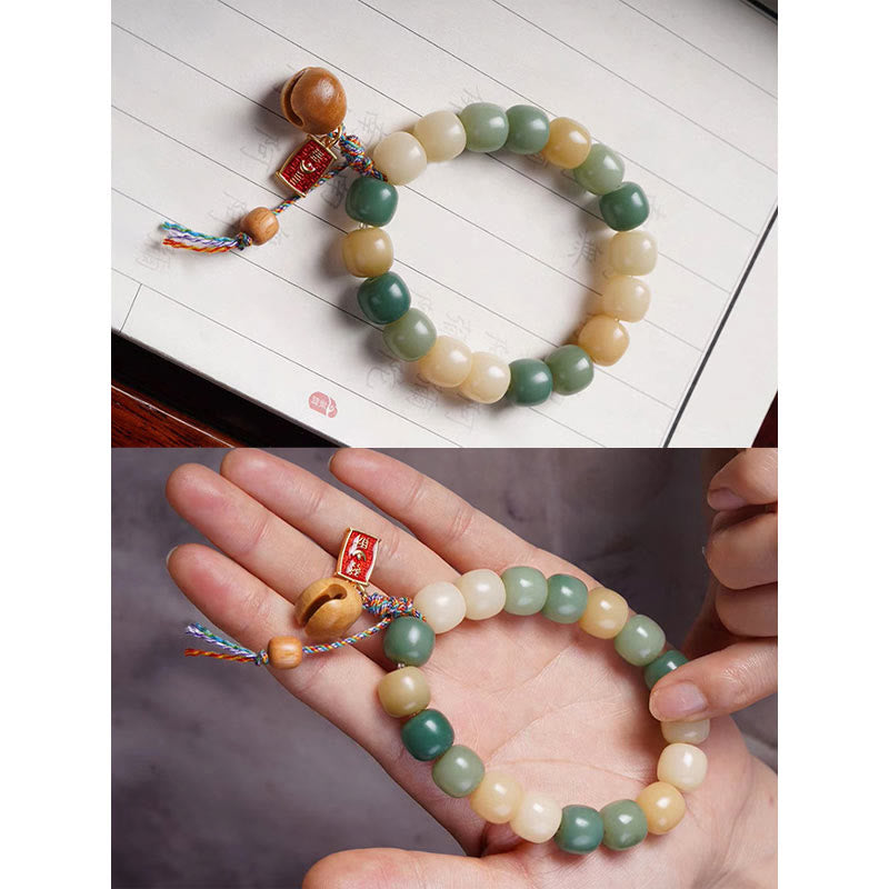 Pulsera con dije de tambor de pez de madera con semillas de Bodhi, gradiente Natural, Buddha Stones