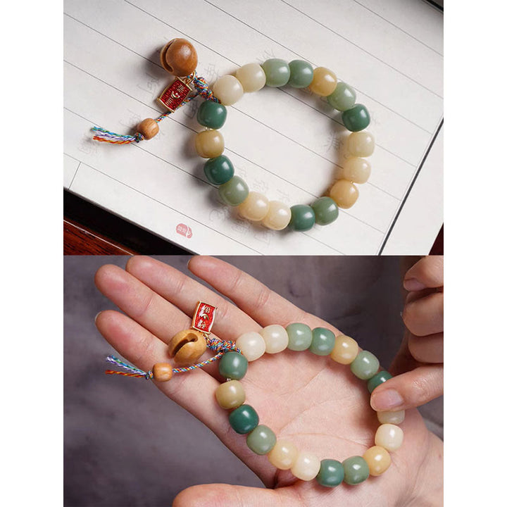 Pulsera con dije de tambor de pez de madera con semillas de Bodhi, gradiente Natural, Buddha Stones