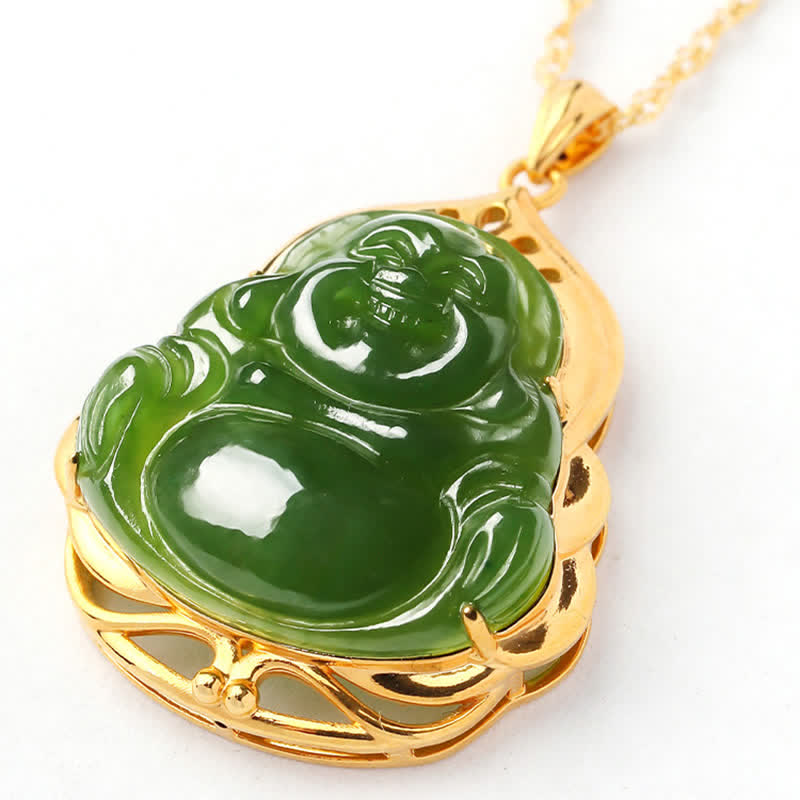 Colgante de cadena de collar curativo de oro de 18 quilates de Buda sonriente de jade cian hetiano natural de plata de ley 925 - image 9