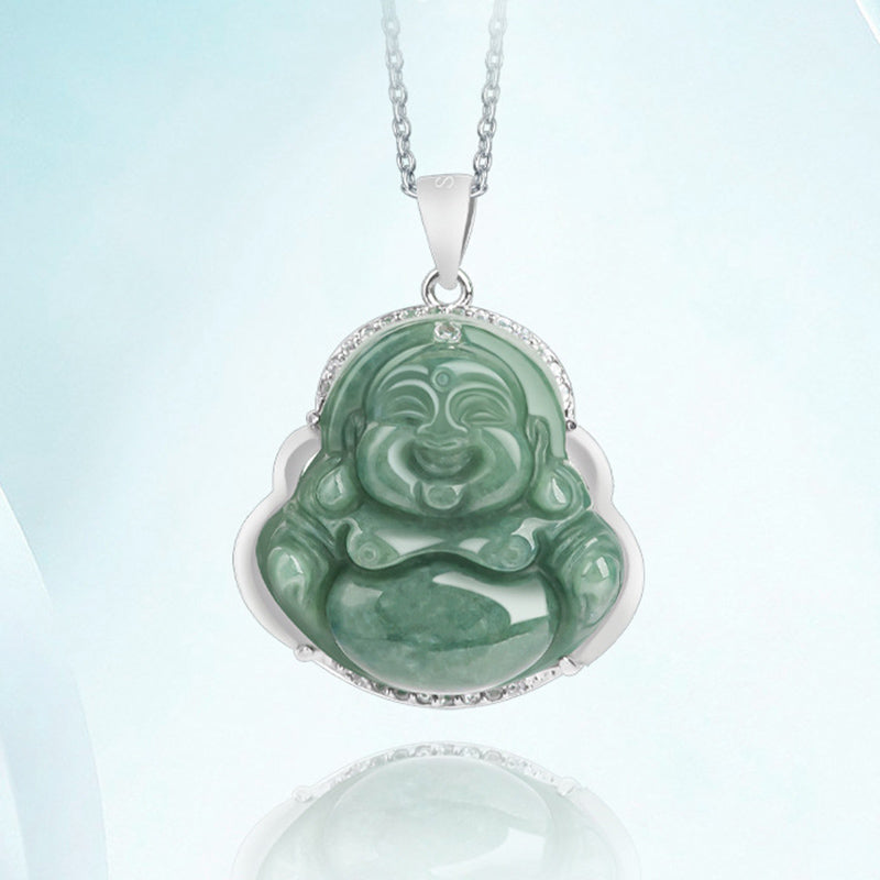 Collar con colgante de cadena de jade de Buda sonriente de plata de ley 925 con Buddha Stones - image 5