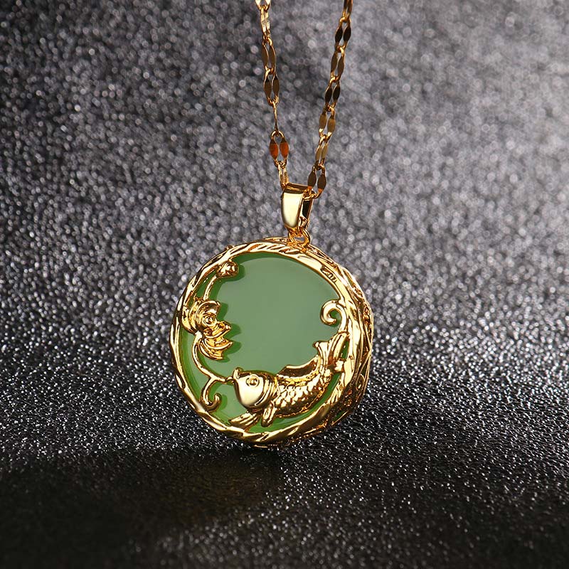 Colgante de collar de la suerte de loto de pez Koi de jade natural con Buddha Stones - image 1