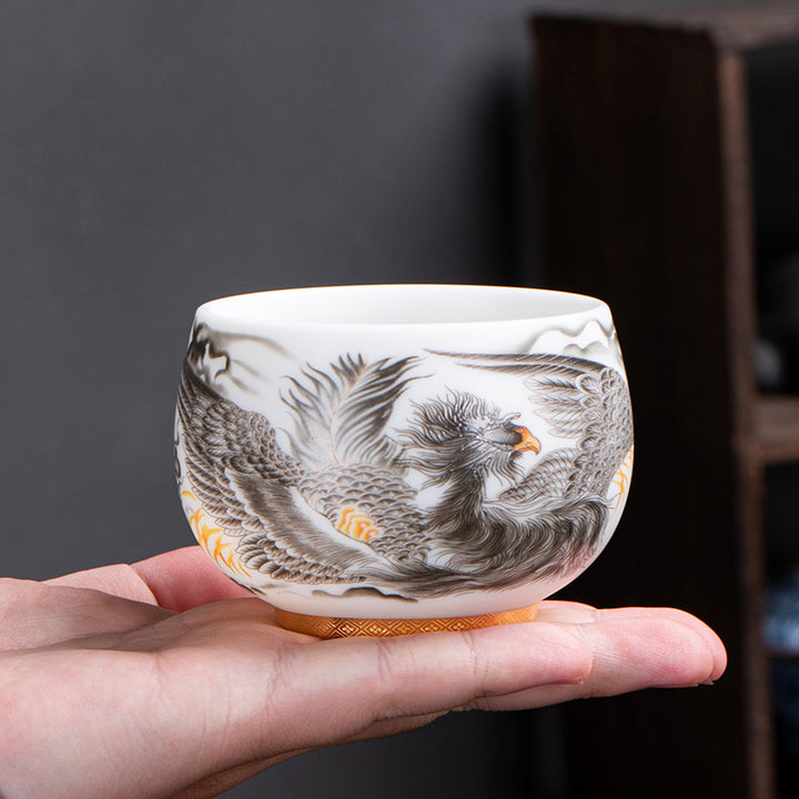 Taza de té de cerámica de porcelana blanca Phoenix Buddha Stones, taza de té de Kung Fu de 185ml con caja de regalo