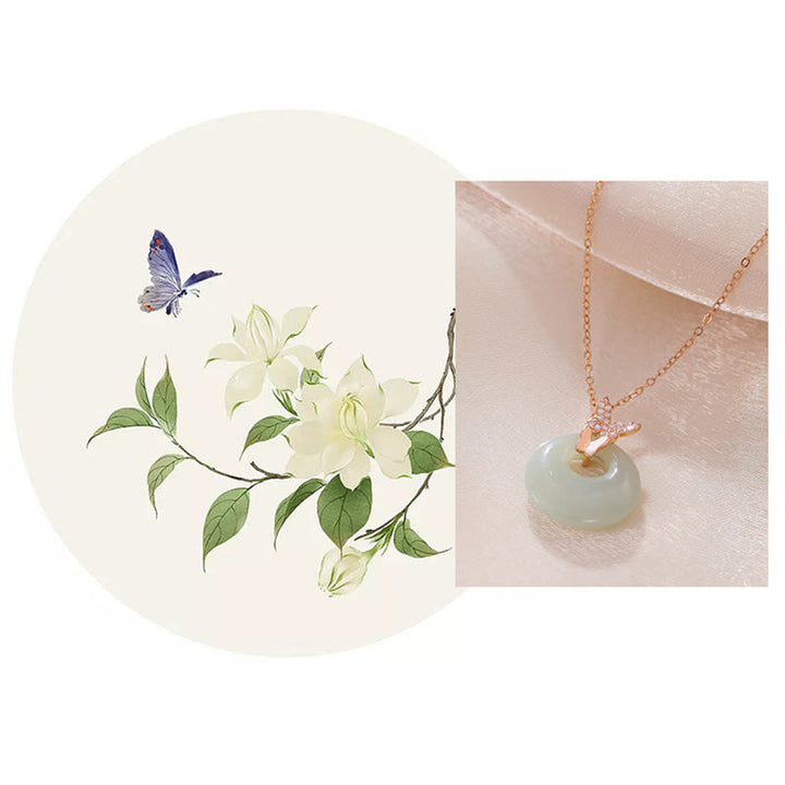 Collar con colgante de plata de ley 925 con Buddha Stones , Jade Natural Hetian, circonita, mariposa, suerte