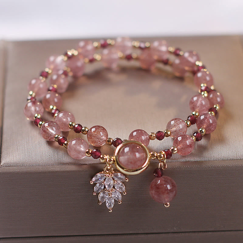 Pulsera de doble envoltura con dije de hoja de arce curativo de amor de cuarzo fresa natural