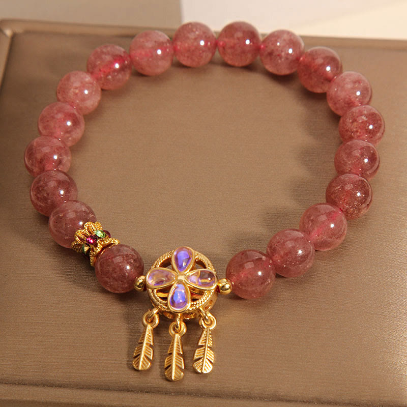 Pulsera de amor con dije de atrapasueños de trébol de cuatro hojas de cuarzo fresa Natural con Buddha Stones