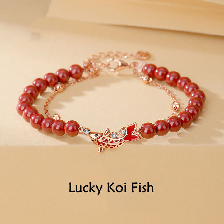Pulsera de cadena de doble capa con Buddha Stones, Plata de Ley 925, pez Koi de la suerte, circón cinabrio, prosperidad