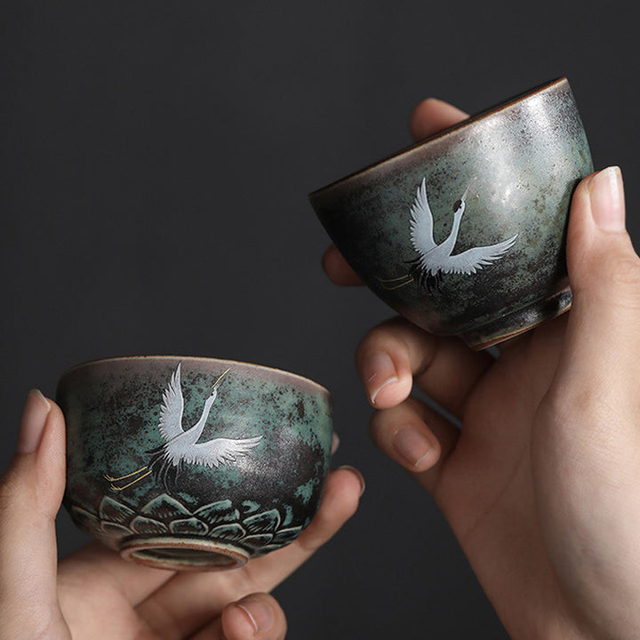 Taza de té de cerámica con grulla auspiciosa de Buddha Stones , tazón de taza de té de Kung Fu