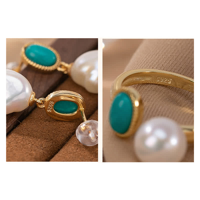 Buddha Stones Plata de Ley 925 Perla Turquesa Anillo Curativo Pendientes Collar Colgante