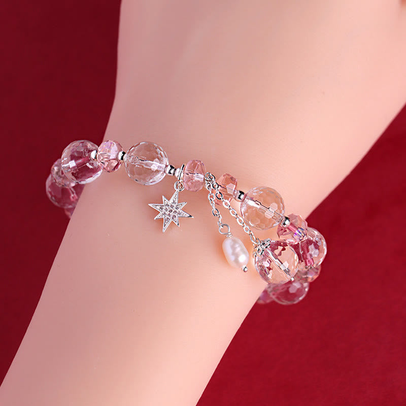 Pulsera con dije de estrella de protección de cristal rosa y cristal blanco con Buddha Stones