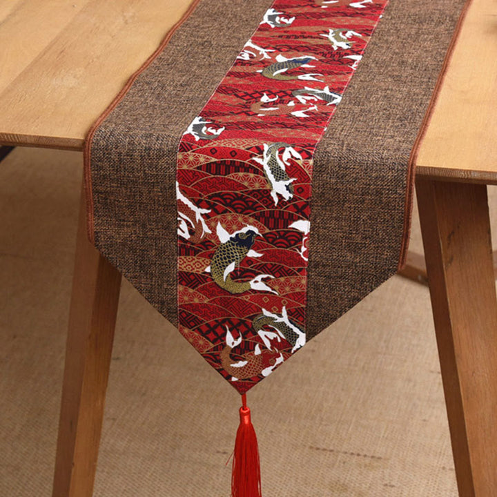 Camino de mesa con borlas de lino y algodón, Buddha Stones, estilo chino clásico, loto, pez Koi, flor, grulla, caligrafía, iluminación