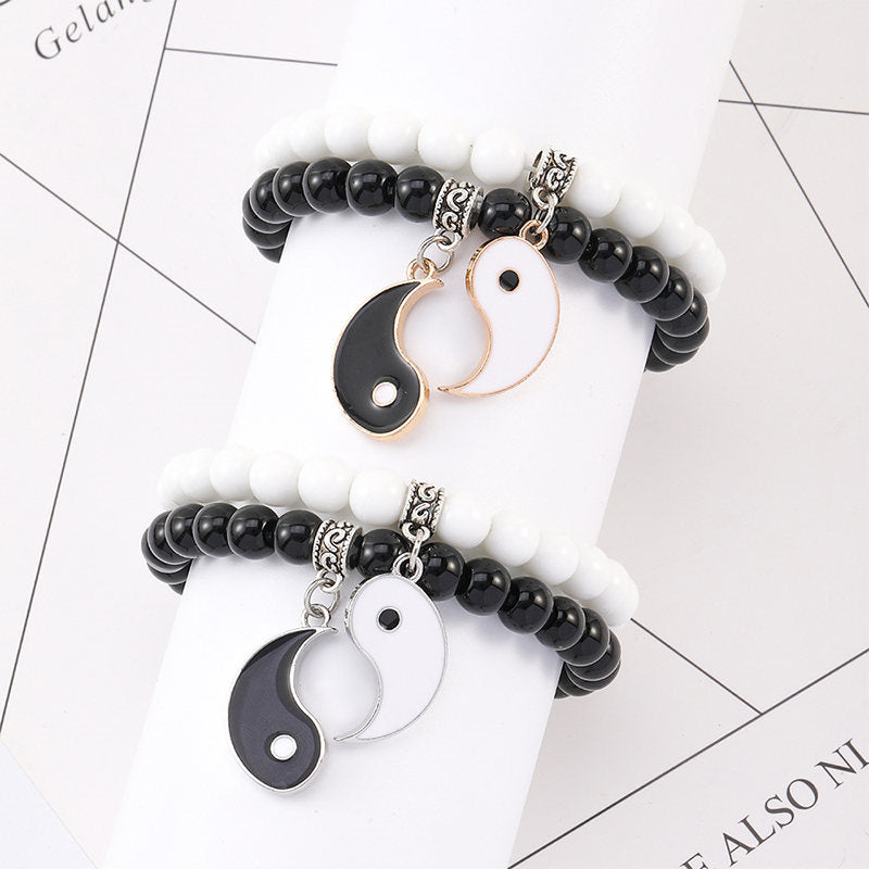 Buddha Stones 2 uds. Pulsera de pareja de protección Yin Yang con cuentas de turquesa blanca y ónix negro - image 10