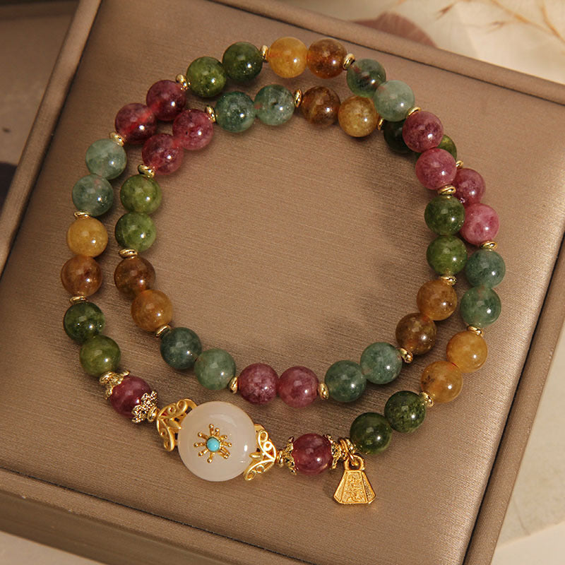 Pulsera de doble vuelta con flor de jade positivo de turmalina multicolor natural de Buddha Stones