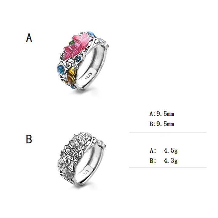 Anillo de prosperidad de flor de loto con pez koi de plata de ley 925 con Buddha Stones