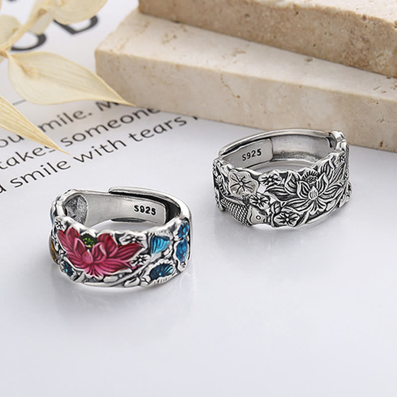 Anillo de prosperidad de flor de loto con pez koi de plata de ley 925 con Buddha Stones