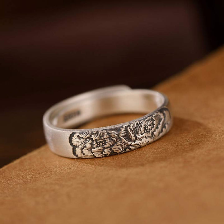 Anillo de iluminación de flor de peonía de loto de plata de ley 999